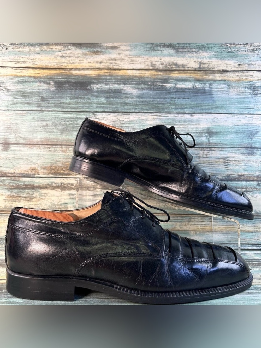 Adolfo Derby Dress Shoe Mens 9.5M Shiny Black Leather Pleated Apron Toe Handmade